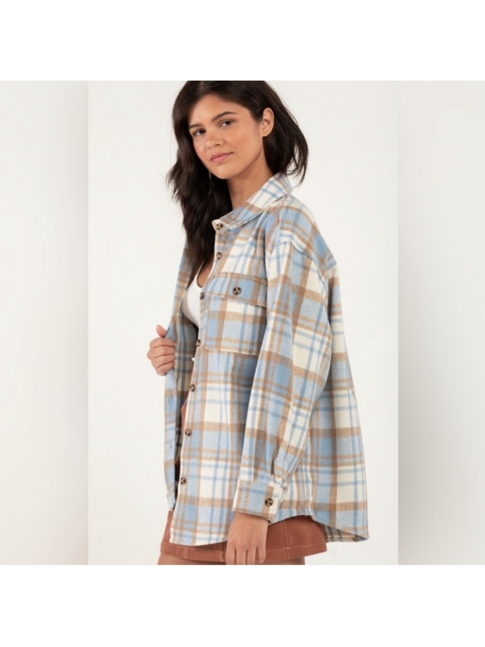 White Fox Boutique Plaid Utility Jacket in Light Blue and Tan